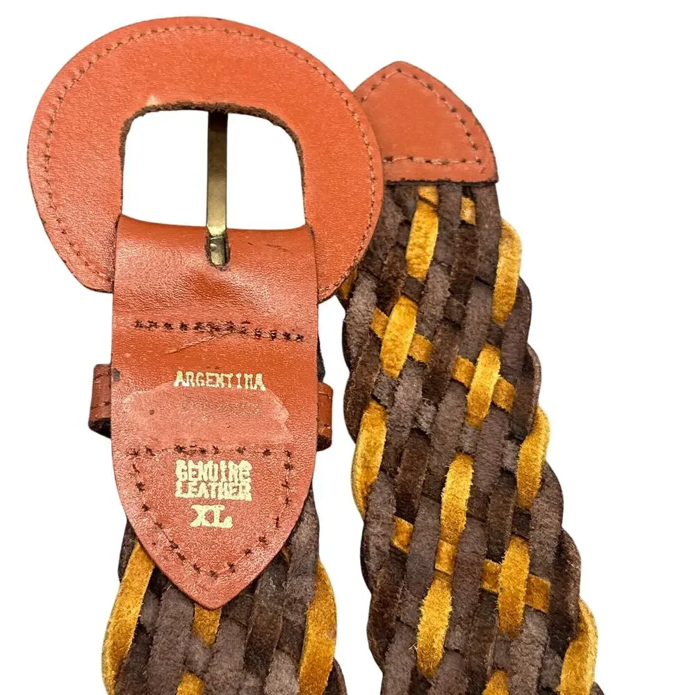 Argentina Leather Belt XL Multicolor Brown Yellow Braided Woven Boho Western Y2K